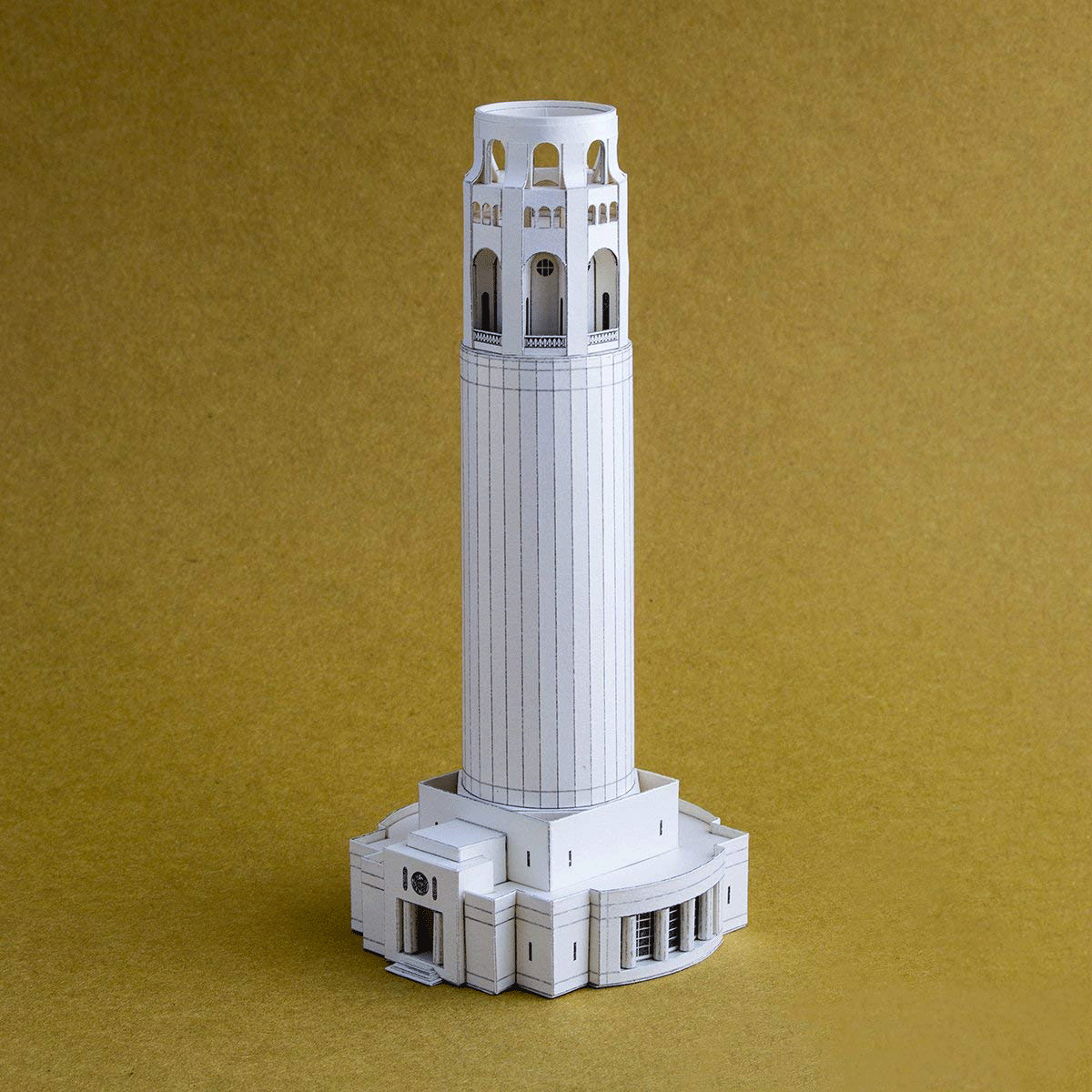 Coit Tower Paper Model by PaperLandmarks Limestone on Mustard Background